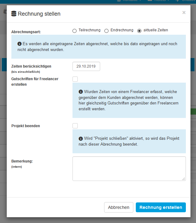Abrechnen-Dialog