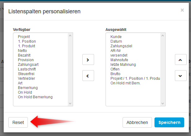 Tabellenkonfigurator Reset-Button