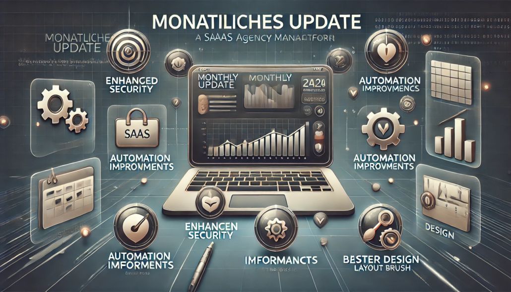 Monatliches Software-Update einer Agentursoftware mit Dashboard und neuen Features wie Performance-Verbesserungen, UI-Anpassungen, Integrationen und Automatisierung, dargestellt mit Icons und Code-Hintergrund.