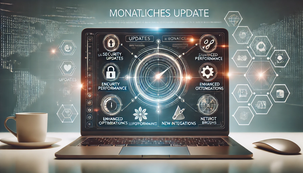 Monatliches Software-Update einer Agentursoftware mit Dashboard und neuen Features wie Performance-Verbesserungen, UI-Anpassungen, Integrationen und Automatisierung, dargestellt mit Icons und Code-Hintergrund.