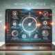 Monatliches Software-Update einer Agentursoftware mit Dashboard und neuen Features wie Performance-Verbesserungen, UI-Anpassungen, Integrationen und Automatisierung, dargestellt mit Icons und Code-Hintergrund.